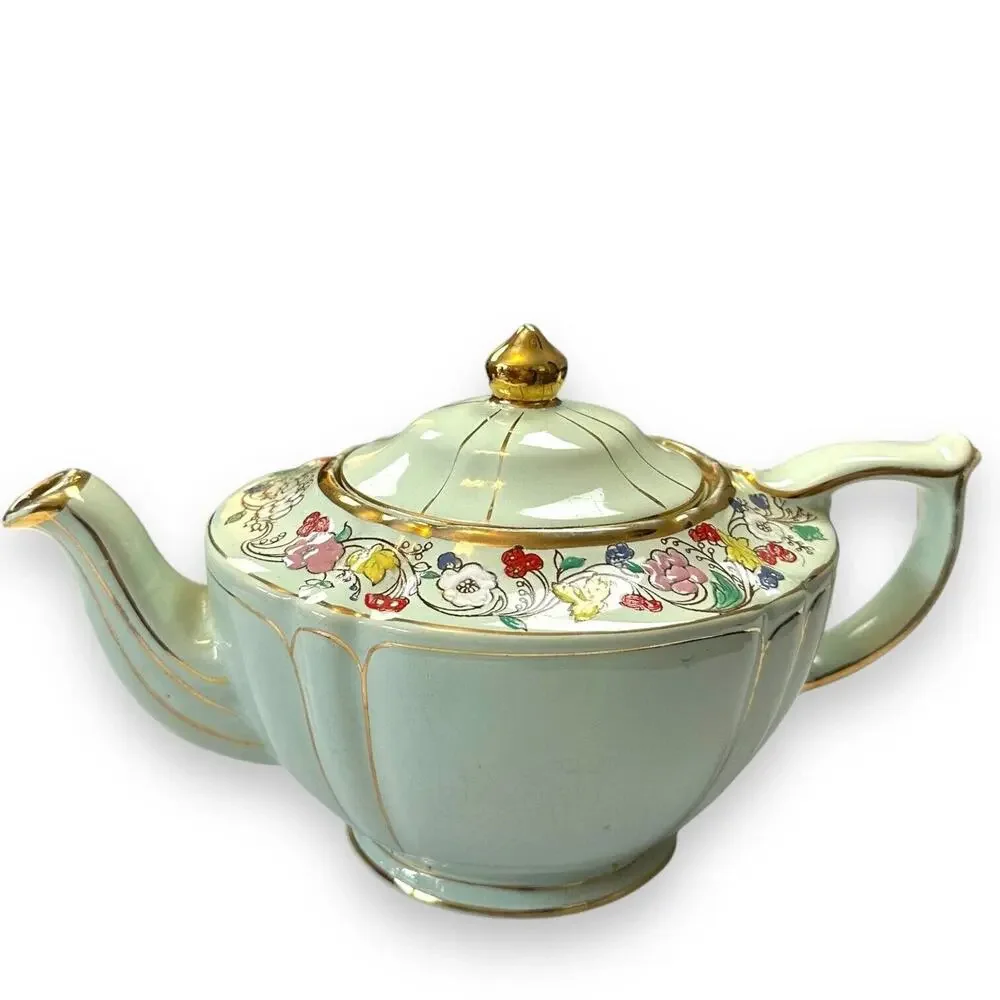 Sadler Teapot Vintage Made In England Green and Gold Guilded Floral Pattern
